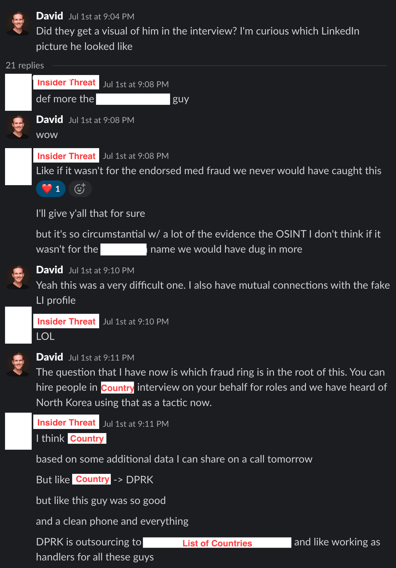 Redacted correspondence with the insider threat team member about the candidate interview and suspected identity fraud
