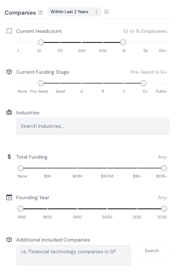 Company attributes and AI company search filters